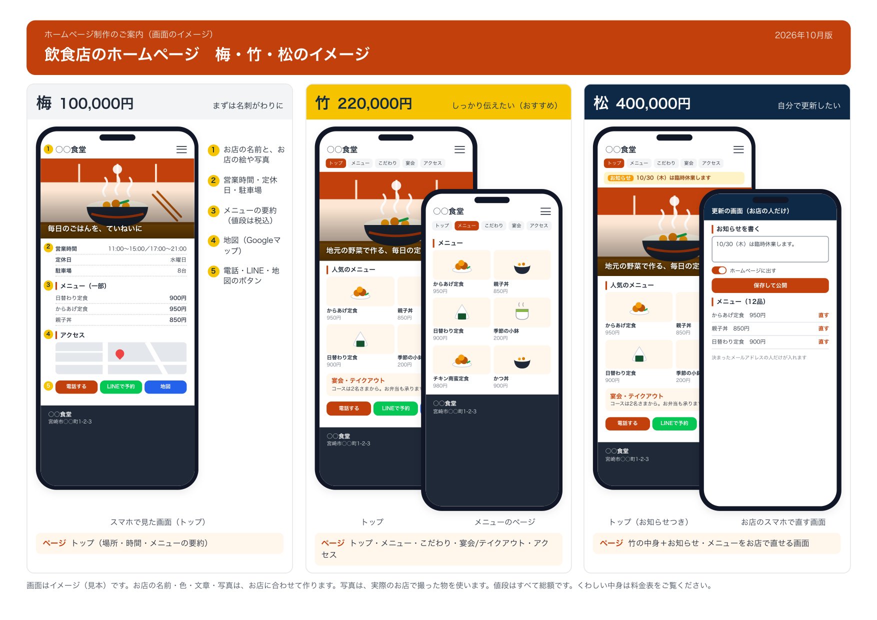 飲食店のホームページの画面の見本(梅・竹・松)